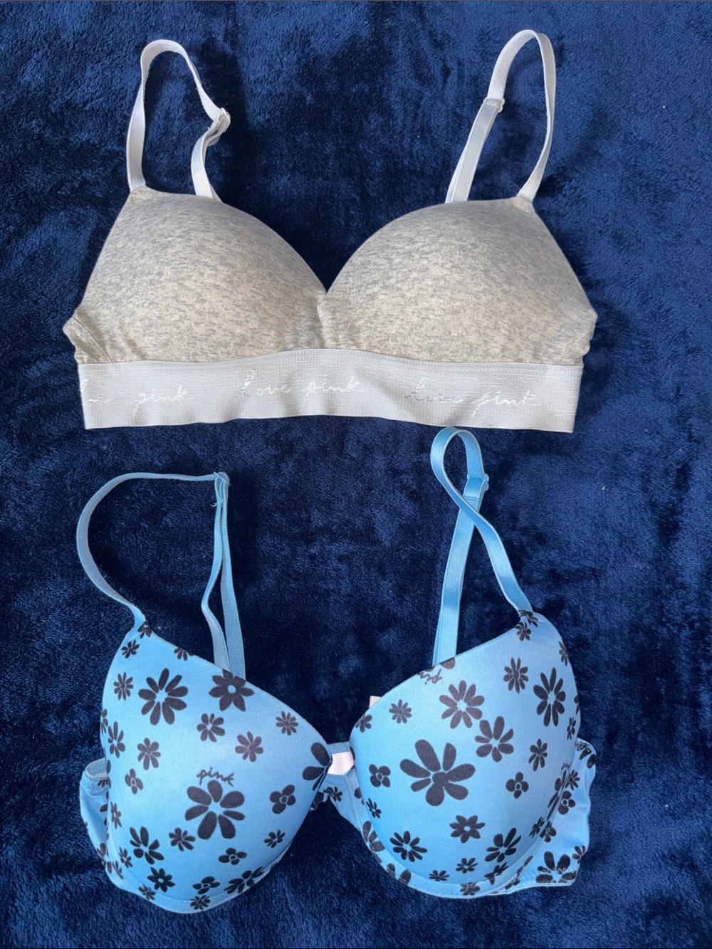 PINK Victoria's Secret Blue Floral & Heather Gray Bra Set